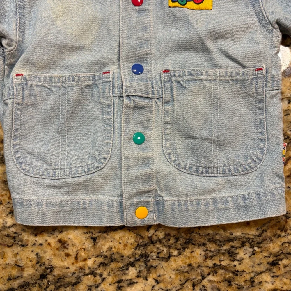 Vintage Gymboree Denim Jacket Infant NB Light Wash Hooded Truck Patch Blue Red v